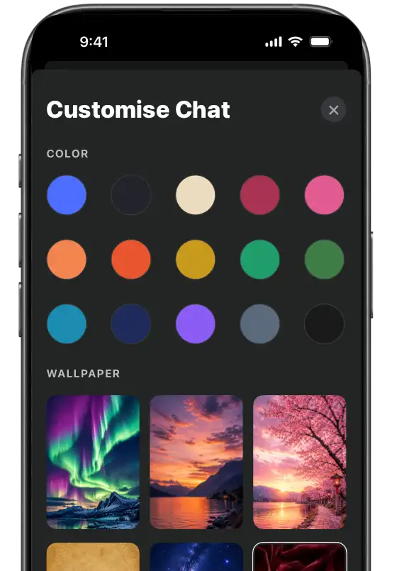 The Customise Chat sheet with colours and wallpapers